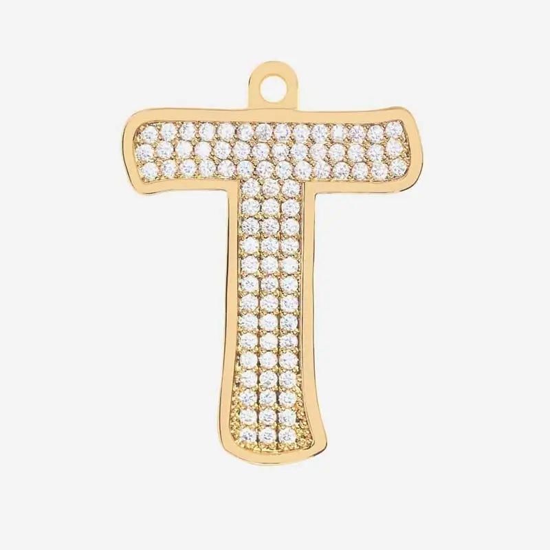 Gold letter T charm pendant with cubic zirconia stones, personalized initial jewelry
