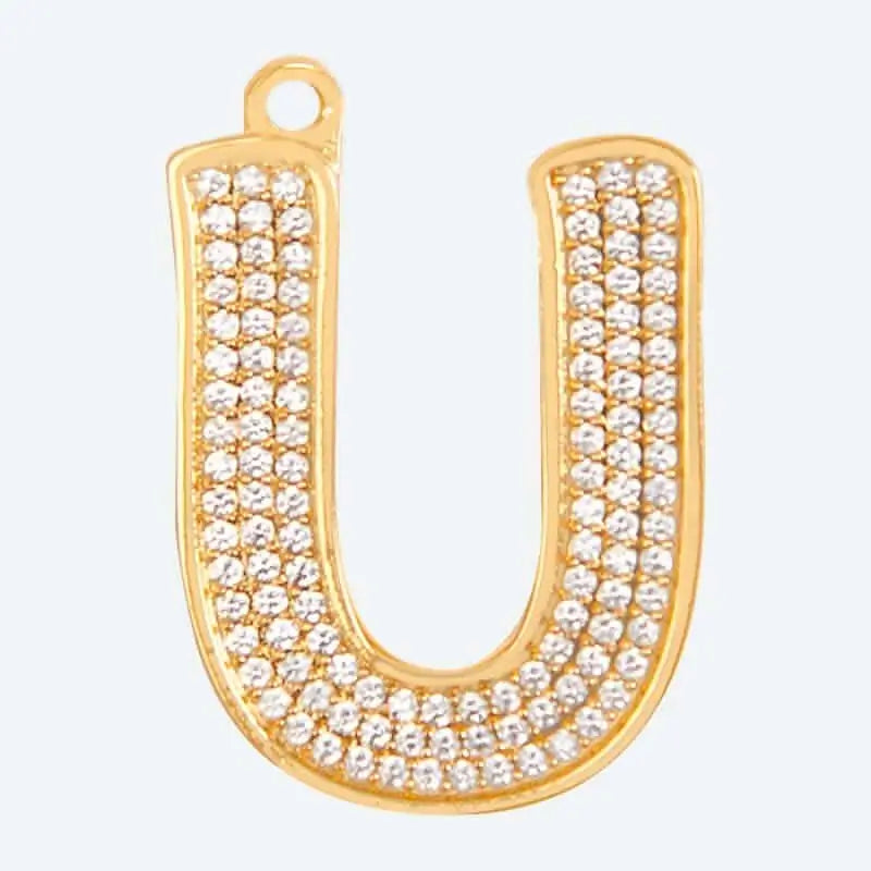 Gold letter U charm pendant with cubic zirconia stones, personalized initial jewelry