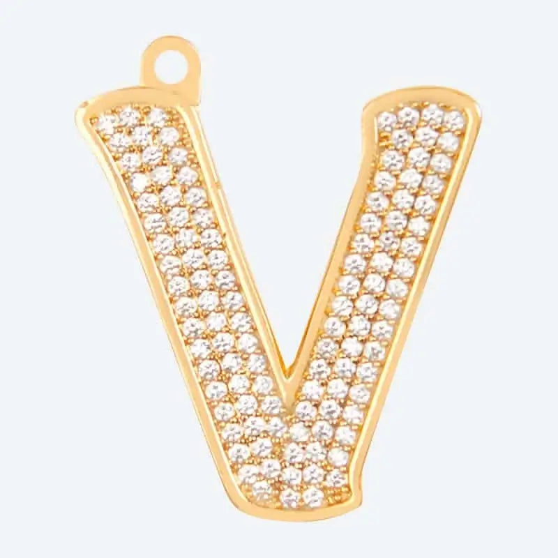 Gold letter V charm pendant with cubic zirconia stones, personalized initial jewelry