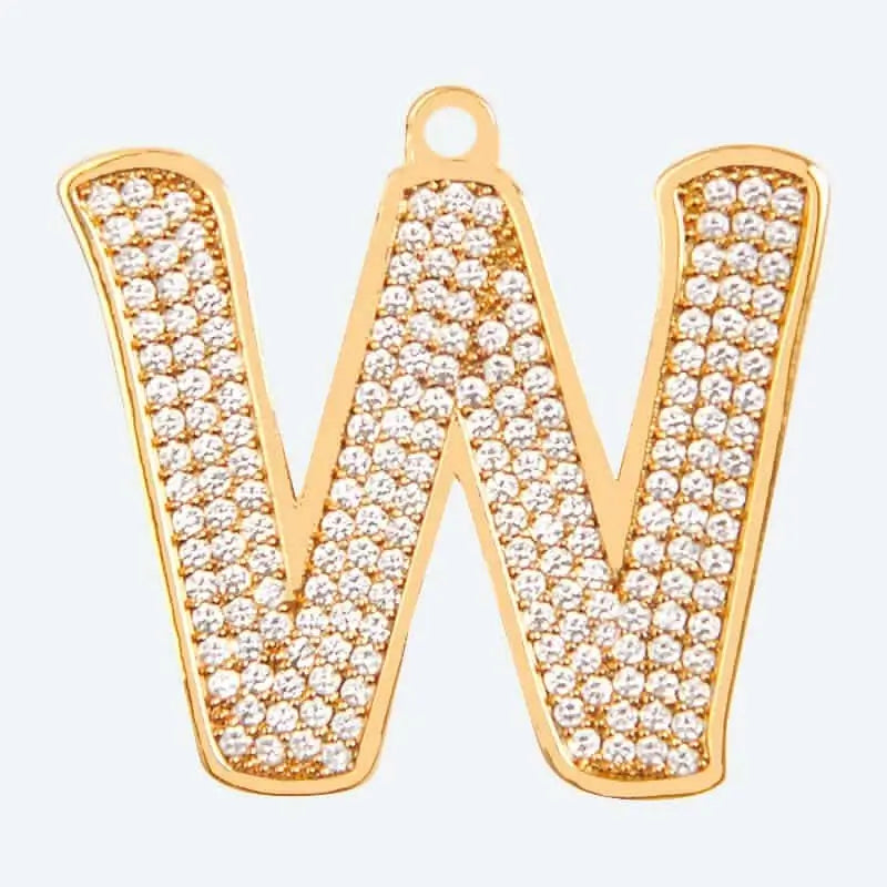 Gold letter W charm pendant with cubic zirconia stones, personalized initial jewelry