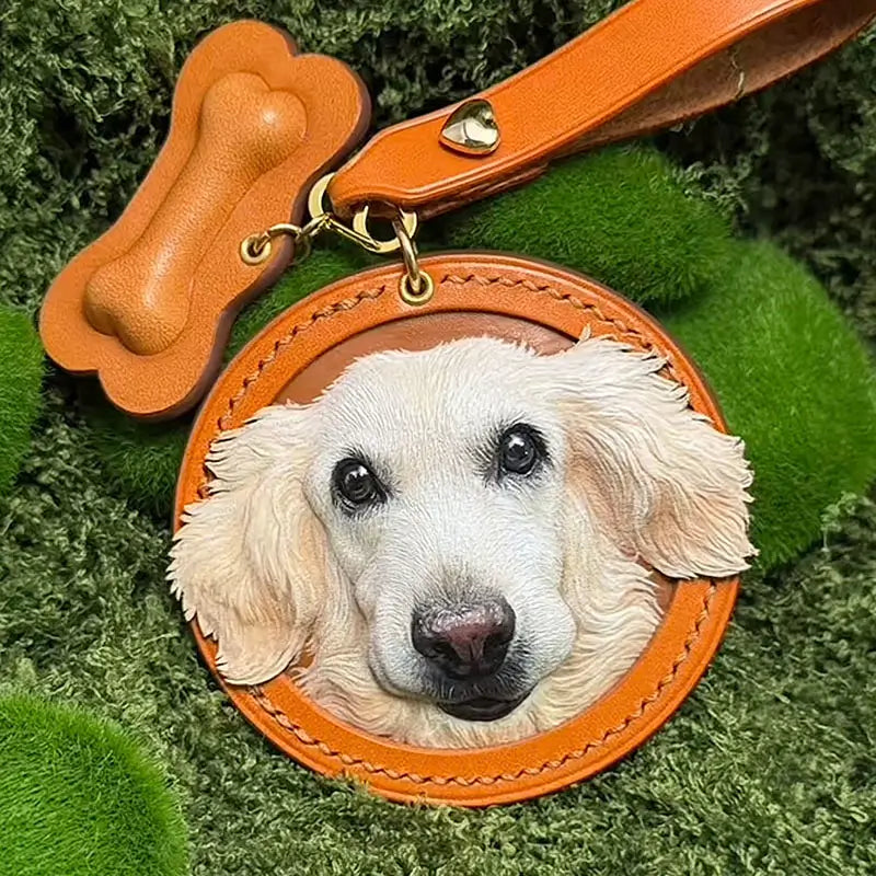 Handmade genuine leather keychain with custom golden retriever portrait, bone charm personalized dog owner gift