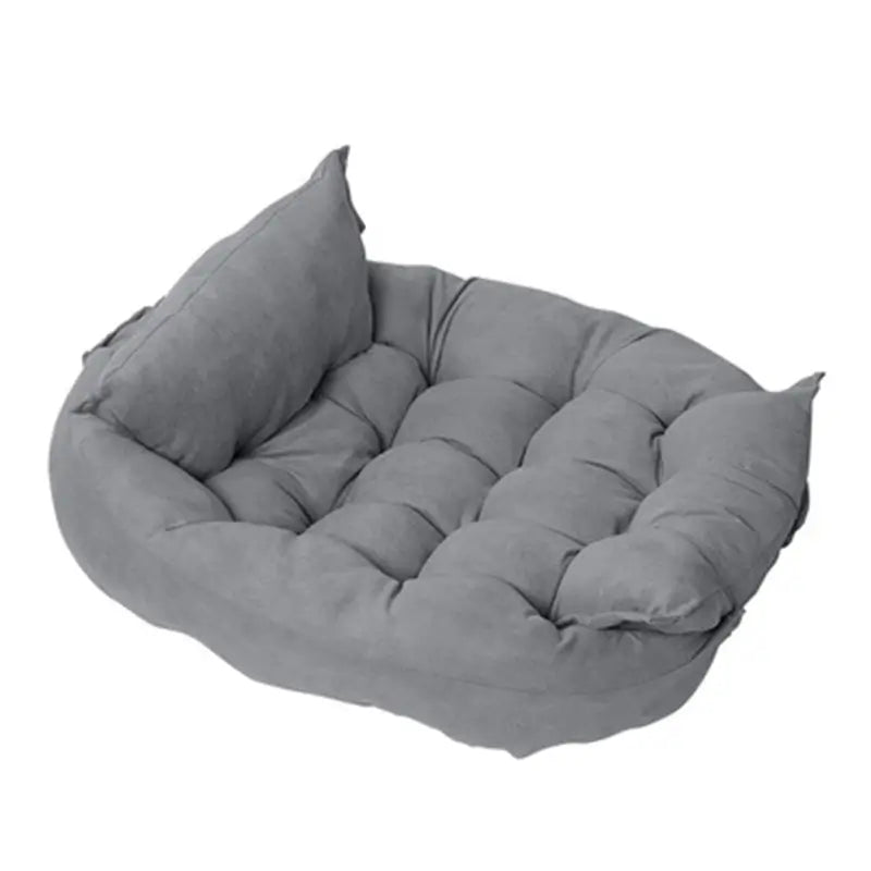 Gray convertible dog bed for French Bulldogs, soft and supportive plush pet cushion that converts between sofa and flat bed.
