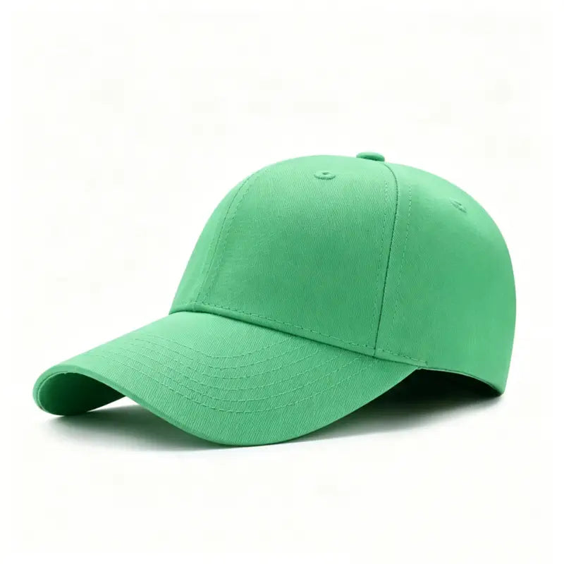 Fresh green blank cotton baseball cap, breathable dad hat ready for French bulldog embroidery, vibrant base cap for Frenchie lovers