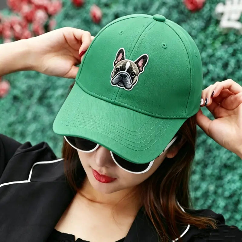 Fresh green French Bulldog face embroidered cotton dad cap, casual everyday Frenchie lover accessory from FrenchieNest
