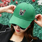 Fresh green French Bulldog face embroidered cotton dad cap, casual everyday Frenchie lover accessory from FrenchieNest