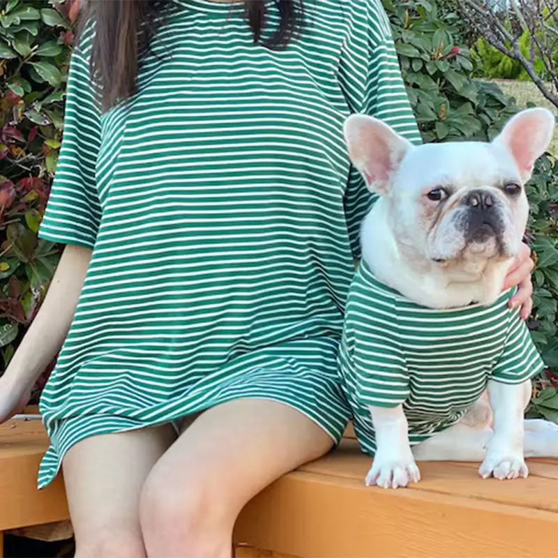 Matching green striped t-shirt set for owner and French Bulldog, highlighting the comfortable fabric and casual design.
