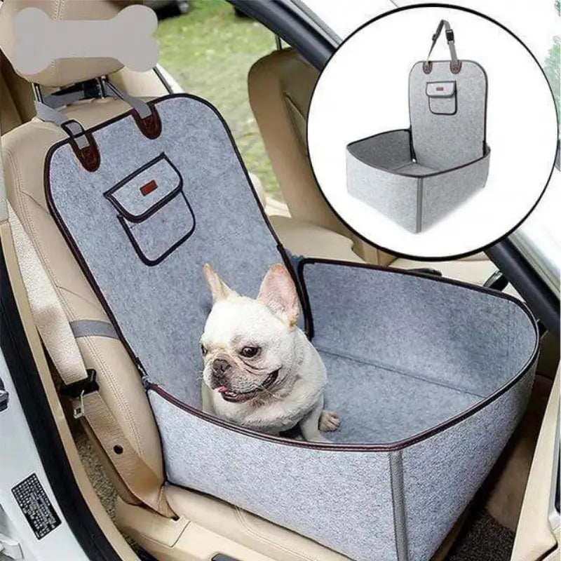 Grey Foldable Felt French Bulldog Car Booster Seat, safety travel dog car seat with storage pocket for Frenchie road trip riding protection
