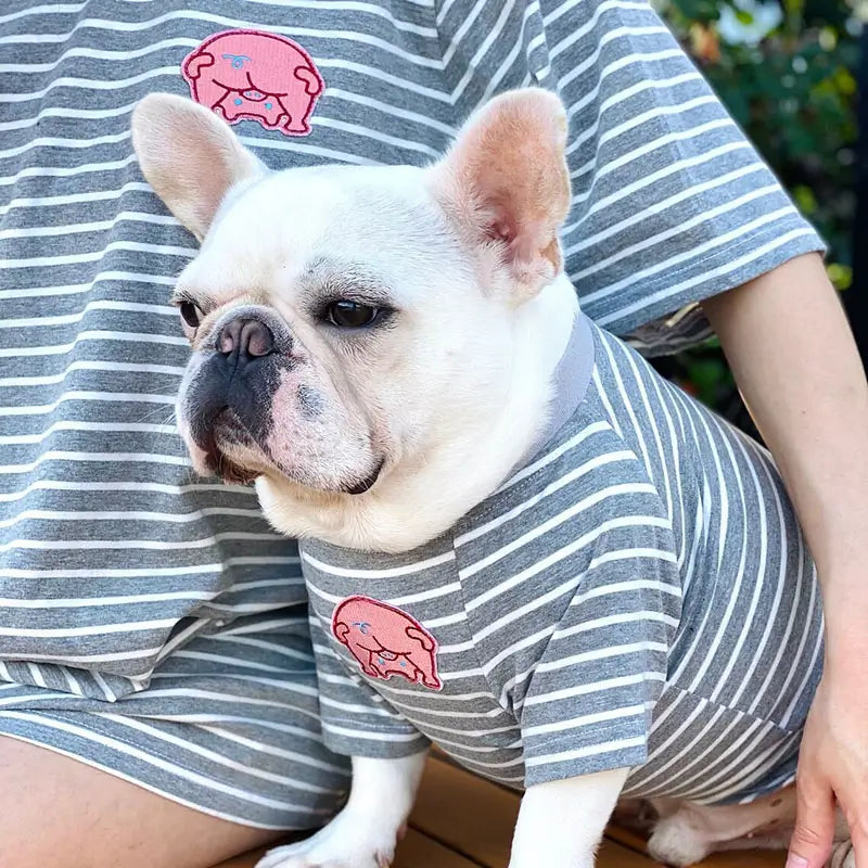 Grey striped cotton family matching tee with pig embroidery patch for white French Bulldog, comfy casual owner and frenchie matching outfit bestseller