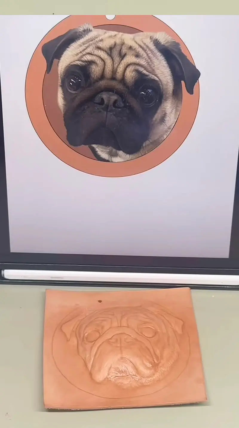 Hand carving process of custom pug dog leather portrait keychain, handmade genuine leather pet keepsake craft