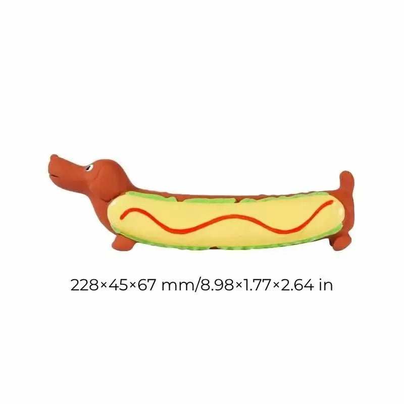 Size guide for hot dog shaped latex squeaky toy for French Bulldogs, 228mm chew toy dimensions