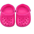 Hot pink dog clogs with heart cutouts for French Bulldogs, lightweight summer pet shoes for indoor and outdoor use.