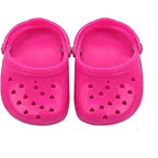 Hot pink dog clogs with heart cutouts for French Bulldogs, lightweight summer pet shoes for indoor and outdoor use.