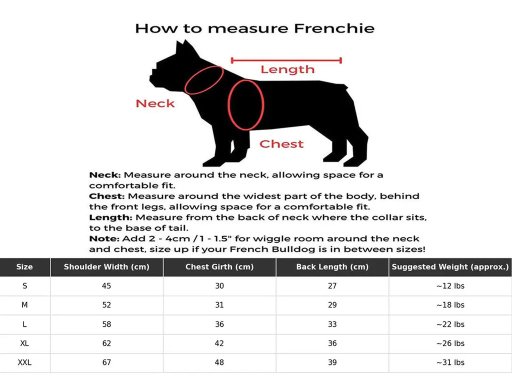 How to measure neck, chest and back length for French Bulldog clothes, size chart guide for frenchie matching stripe tee from Frenchienest