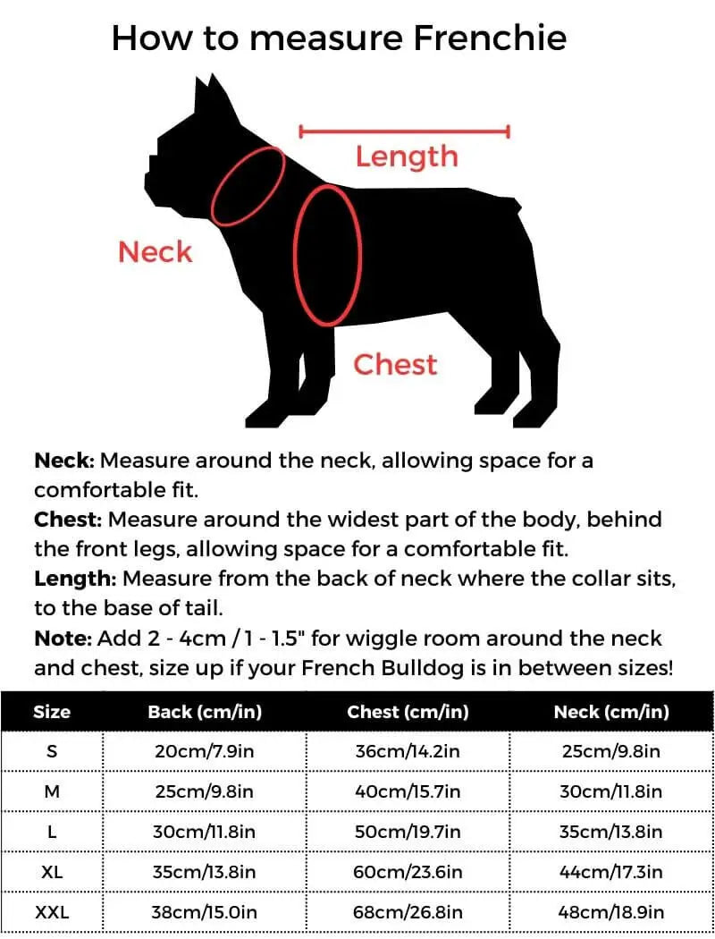 French bulldog measurement size chart guide for dog pajamas, measure neck chest back length for perfect fit