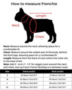 Size guide chart showing how to measure neck, chest, and length of a French Bulldog for a properly fitting dog harness.