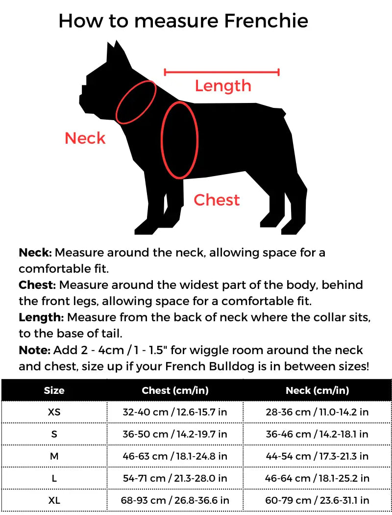 Size guide chart showing how to measure neck, chest, and length of a French Bulldog for a properly fitting dog harness, with measurements for XS to XL sizes.