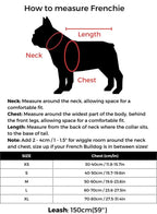 Size guide chart showing how to measure neck, chest, and length for a French Bulldog harness, with XS-XL measurements and leash length info.
