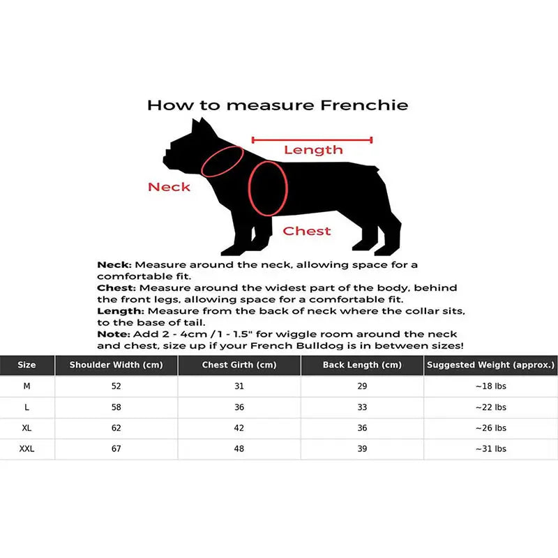 Size guide chart showing how to measure neck, chest, and back length for a French Bulldog’s shirt, with measurements for M to XXL sizes and suggested weight ranges.