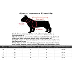 Size guide chart showing how to measure neck, chest, and back length for a French Bulldog’s shirt, with measurements for M to XXL sizes and suggested weight ranges.