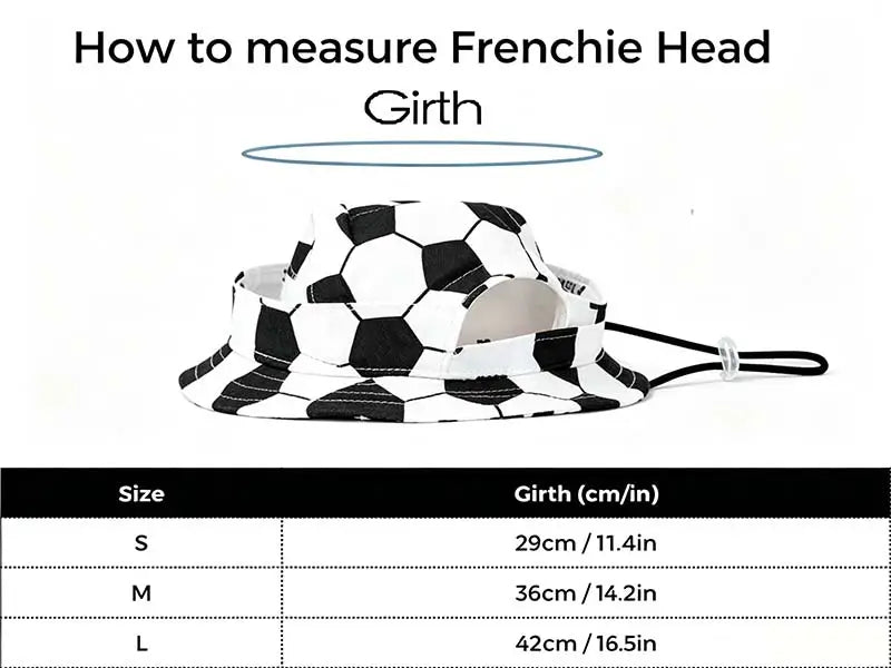 Size chart guide titled 'How to measure Frenchie Head Girth', featuring a soccer ball patterned dog hat and a table with sizes (S, M, L) and corresponding head girth measurements in cm and inches.