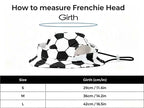 Size chart guide titled 'How to measure Frenchie Head Girth', featuring a soccer ball patterned dog hat and a table with sizes (S, M, L) and corresponding head girth measurements in cm and inches.