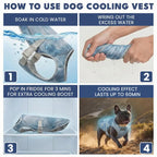 4 steps usage infographic for tie dye dog cooling vest: soak cold water, wring excess, fridge chill, up to 60 mins cooling effect for French Bulldog summer apparel
