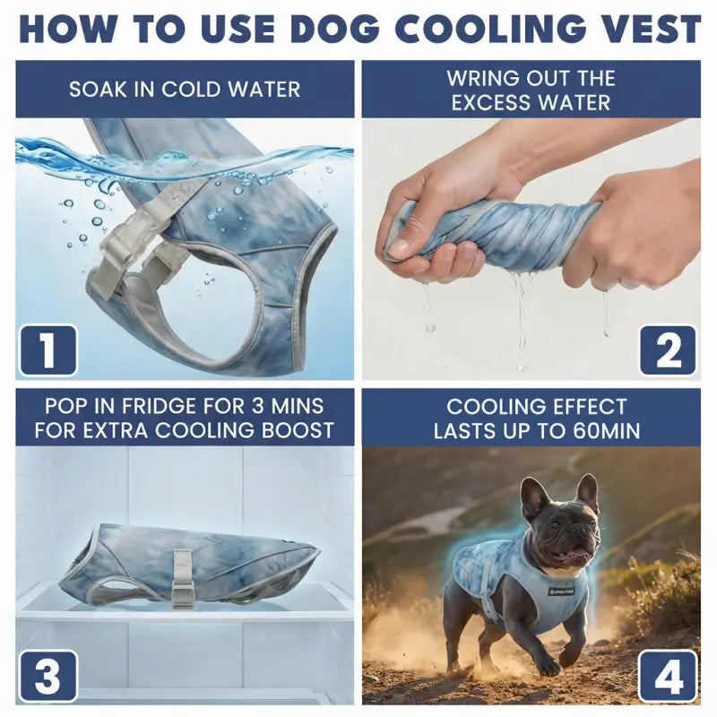 4 steps usage infographic for tie dye dog cooling vest: soak cold water, wring excess, fridge chill, up to 60 mins cooling effect for French Bulldog summer apparel