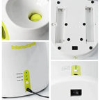 Interactive dog fetch machine details - ball hopper, battery compartment, power switch and adjustable range control