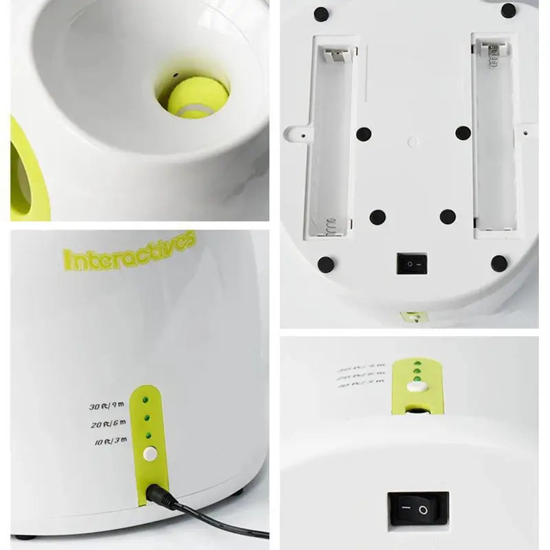 Interactive dog fetch machine details - ball hopper, battery compartment, power switch and adjustable range control
