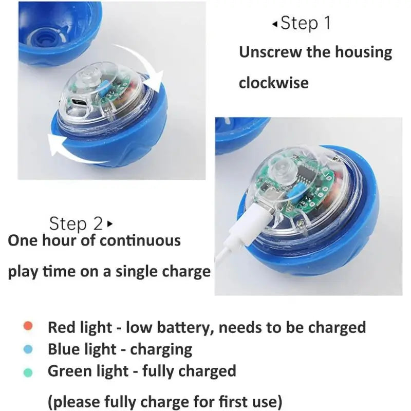 Step-by-step charging instructions for interactive dog toy ball: unscrew housing, USB recharge, LED light indicators (red low battery, blue charging, green full charge), Frenchienest pet toy guide