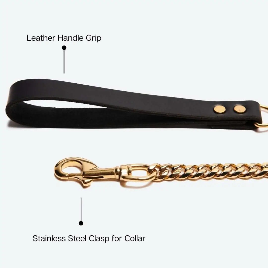 Black leather handle grip and gold stainless steel clasp for heavy duty dog leash

