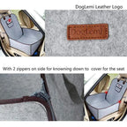 Close-up leather brand tag & dual side zipper details of felt French Bulldog car seat, convertible design can turn into car seat cover quickly