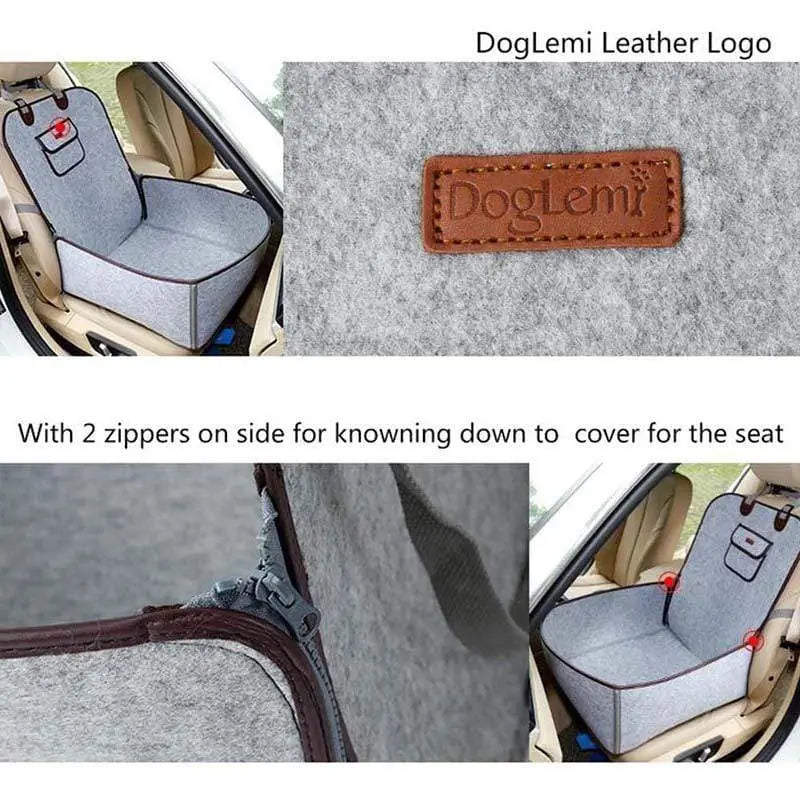 Close-up leather brand tag & dual side zipper details of felt French Bulldog car seat, convertible design can turn into car seat cover quickly