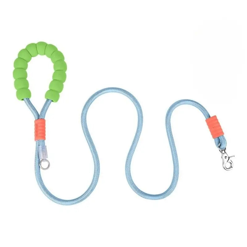 Light blue dog leash with green foam grip for French Bulldogs, durable rope leash with anti-slip handle and quick-release clasp.