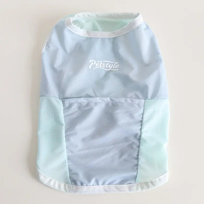 Flat lay light blue mint mesh cooling sleeveless vest, breathable summer anti-heat clothes for french bulldog