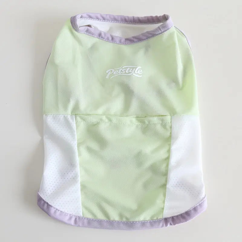 Light green breathable mesh cooling vest with lilac trim, flat product shot for french bulldog summer clothes