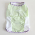Light green breathable mesh cooling vest with lilac trim, flat product shot for french bulldog summer clothes