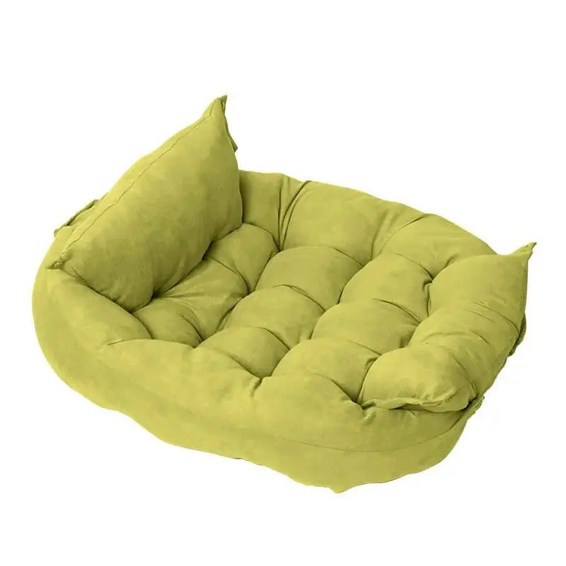 Lime green convertible multi-position dog bed for French Bulldogs, plush and cozy pet sofa cushion for small dogs.