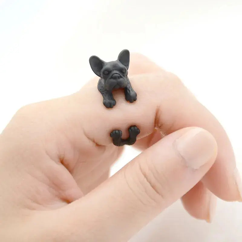 Matte black French Bulldog adjustable ring, cute 3D bulldog jewelry for Frenchie lovers