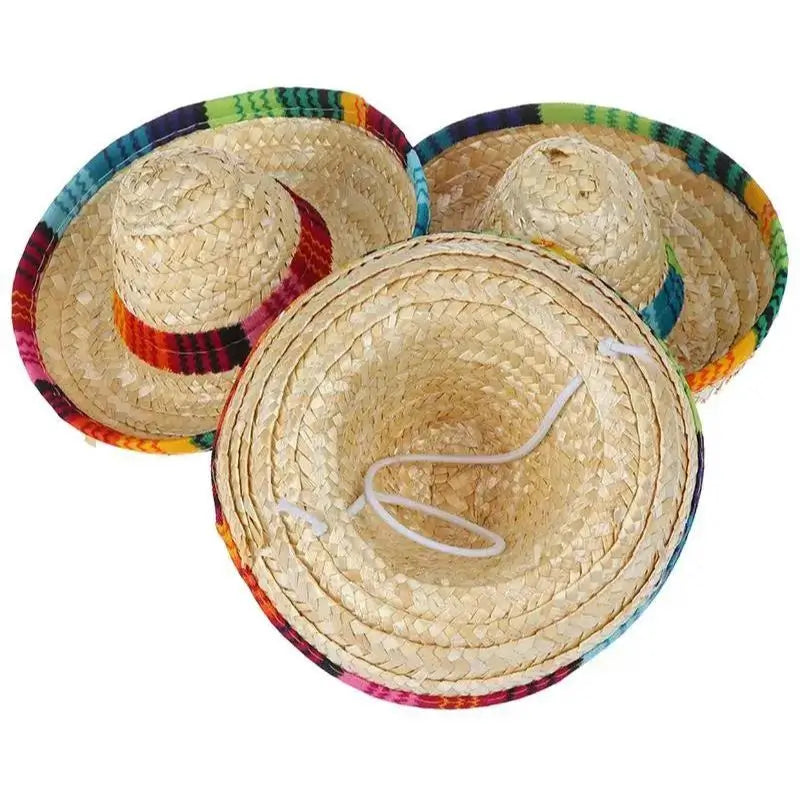 3-pack of mini pet sombrero hats, natural straw with colorful trim for French Bulldogs