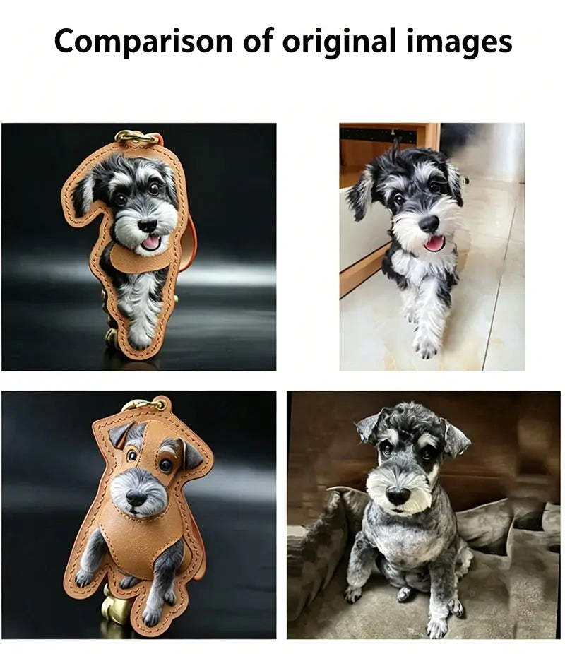 Two styles custom schnauzer leather keychains with original dog photo comparison, handmade personalized pet portrait gift