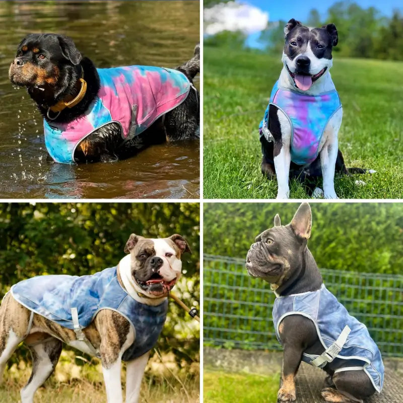 Real outdoor collage: French Bulldog, Pitbull, Rottweiler wearing pink blue tie dye evaporative cooling vest, multi-size summer dog cooling apparel