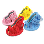 Multi-color dog sandals for French Bulldogs, available in pink, yellow, red, and blue, with breathable mesh and reflective straps.