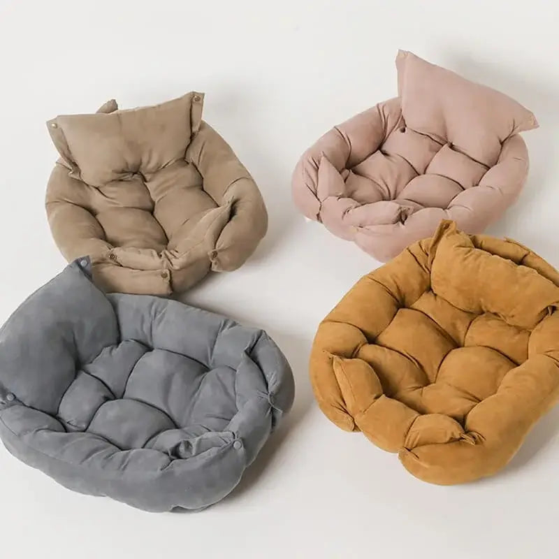 Collection of convertible dog beds for French Bulldogs, featuring four versatile plush designs in beige, pink, mustard, and gray.