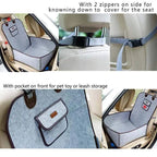 Feature collage of French Bulldog car seat: side foldable zipper design, adjustable headrest strap & front storage pocket for dog leash and toys