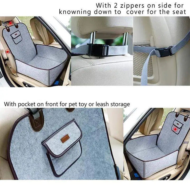 Feature collage of French Bulldog car seat: side foldable zipper design, adjustable headrest strap & front storage pocket for dog leash and toys