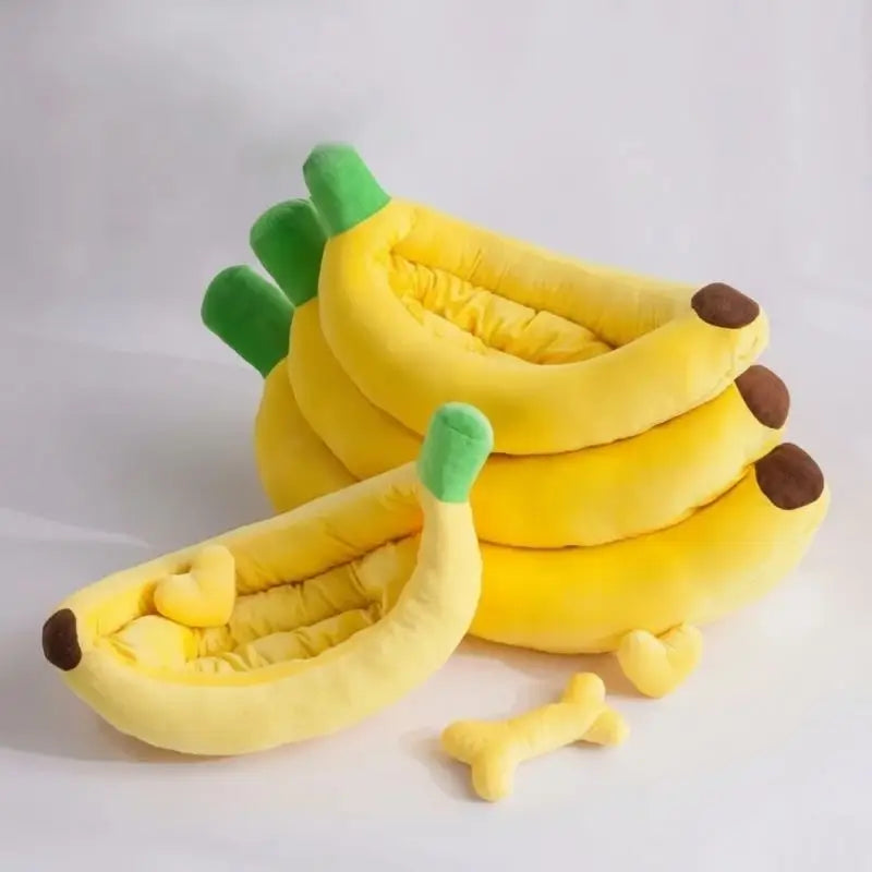 Stacked multi-size banana shaped dog bed, cozy plush pet couch available in multiple sizes for French Bulldogs & small breeds