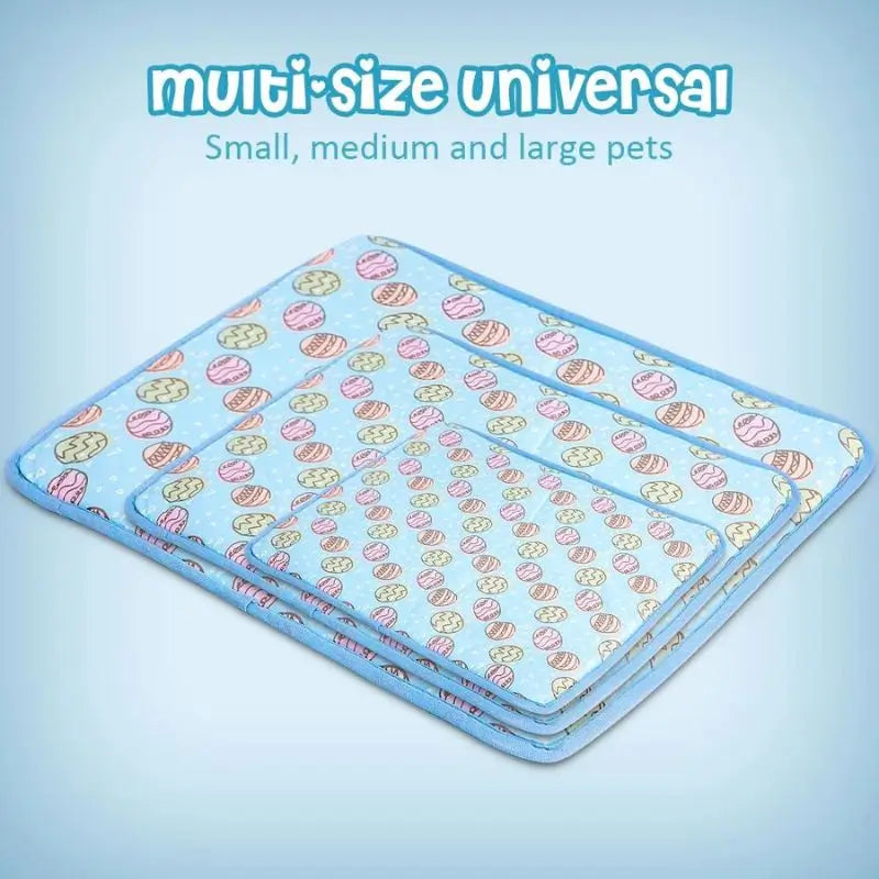 Blue cooling pad for French Bulldogs available in small, medium, and large sizes, suitable for all small to medium pets.