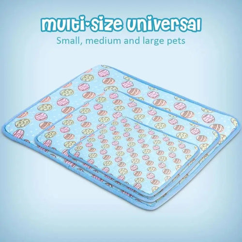 Blue cooling pad for French Bulldogs available in small, medium, and large sizes, suitable for all small to medium pets.