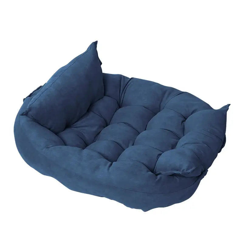 Navy blue convertible plush dog bed for French Bulldogs, multi-position soft pet sofa cushion with supportive bolsters.